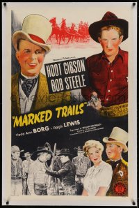 9h106 MARKED TRAILS linen 1sh 1944 great stone litho of cowboy Bob Steele & dapper Hoot Gibson!
