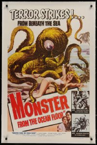 9h113 MONSTER FROM THE OCEAN FLOOR linen 1sh 1954 cool art of the octopus beast attacking sexy girl!