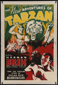 9h119 NEW ADVENTURES OF TARZAN linen 1sh 1935 art of Herman Brix, chimp & lion, feature version!