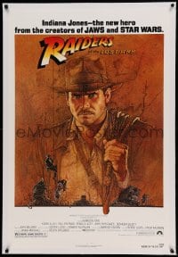 9h140 RAIDERS OF THE LOST ARK linen 1sh 1981 great art of adventurer Harrison Ford by Richard Amsel!