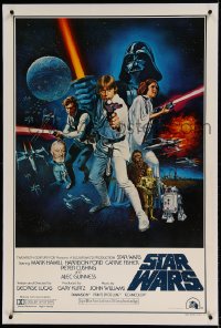 9h167 STAR WARS linen style C int'l 1sh 1977 George Lucas sci-fi epic, art by Tom William Chantrell