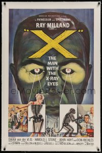 9h200 X: THE MAN WITH THE X-RAY EYES linen 1sh 1963 Ray Milland strips souls & bodies, cool art!