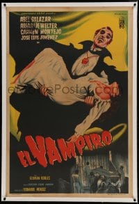 9j184 EL VAMPIRO linen Argentinean 1957 art of Mexican vampire carrying his female victim, rare!