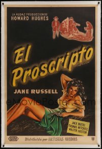 9j190 OUTLAW linen Argentinean 1946 great art of sexy Jane Russell with gun, Howard Hughes classic!