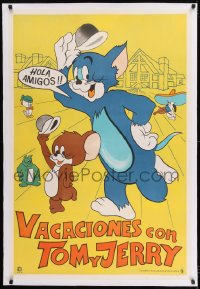9j194 VACACIONES CON TOM Y JERRY linen Argentinean 1970s art of Tom & Jerry doffing their hats!