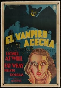 9j195 VAMPIRE BAT linen Argentinean 1933 great different art of terrified Fay Wray & wacky huge bat!