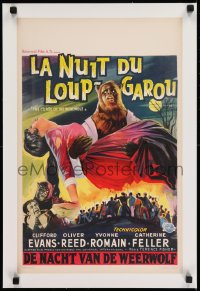 9j143 CURSE OF THE WEREWOLF linen Belgian 1961 art of monster Oliver Reed with girl over angry mob!