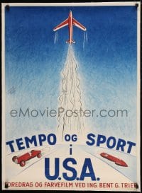 9j120 TEMPO OG SPORT I U.S.A. linen Danish 1949 cool art of race car, airplane & speed boat!