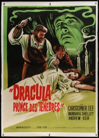 9j036 DRACULA PRINCE OF DARKNESS linen French 1p R1960s art of Christopher Lee + man driving stake!