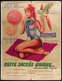 9j048 THAT NAUGHTY GIRL linen French 1p 1958 Hurel art of Brigitte Bardot w/balloons & parrot, rare!