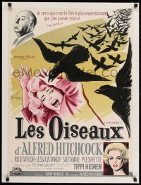 9j202 BIRDS linen French 22x30 1963 Grinsson art of Alfred Hitchcock, Hedren & Tandy attacked, rare!