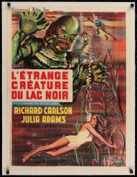 9j203 CREATURE FROM THE BLACK LAGOON linen French 24x31 R1962 art of monster looming over Adams!