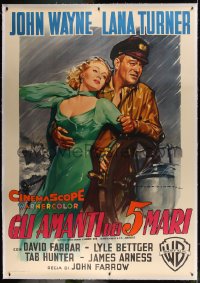 9j018 SEA CHASE linen Italian 2p 1955 best Martinati art of John Wayne & sexy Lana Turner, rare!