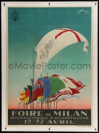 9j022 FIERA DI MILANO linen Italian 39x55 1926 Aldo Mazza art of flags at international trade fair!