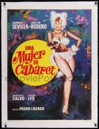 9j179 UNA MUJER DE CABARET linen Mexican poster 1974 art of sexy showgirl Carmen Sevilla in fur!