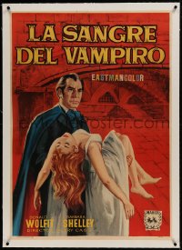 9j133 BLOOD OF THE VAMPIRE linen Spanish 1966 different art of Wolfit holding Barbara Shelley, rare!