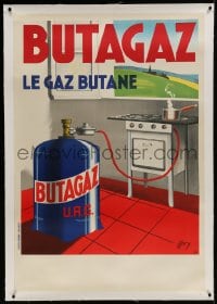 9j033 BUTAGAZ linen 32x47 French advertising poster 1946 Mory art of butane gas tank by stove!