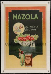 9j078 MAZOLA linen 28x42 advertising poster 1930s it makes the perfect oil to put on your salads!