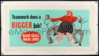 9j063 TEAMWORK DOES A BIGGER JOB linen 28x54 motivational poster 1955 art of men helping woman skate!