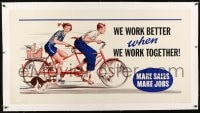 9j064 WE WORK BETTER WHEN WE WORK TOGETHER linen 28x54 motivational poster 1955 kids on tandem bike!