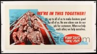 9j065 WE'RE IN THIS TOGETHER linen 28x54 motivational poster 1955 cool art of men rowing!