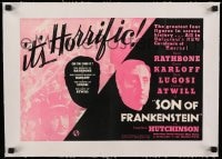 9j117 SON OF FRANKENSTEIN linen trade ad 1939 Rathbone, Karloff, Lugosi, it's different & horrific!