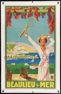 9j060 BEAULIEU S MER linen 24x39 French travel poster 1930 Viano art of woman with tennis racket!
