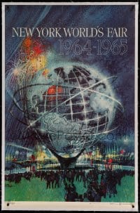 9j061 NEW YORK WORLD'S FAIR linen 28x43 travel poster 1961 Bob Peak art of Unisphere and fireworks!