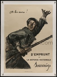 9j050 2E EMPRUNT linen 32x45 French WWI war poster 1916 Jules Abel Faivre art of soldier with gun!