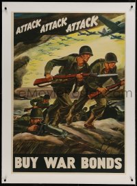 9j058 ATTACK ATTACK ATTACK linen 28x40 WWII war poster 1942 cool Warren art of soldiers advancing!