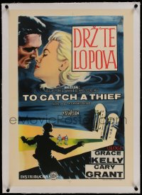 9j132 TO CATCH A THIEF linen Yugoslavian 20x28 1955 art of Grace Kelly & Cary Grant, Hitchcock!