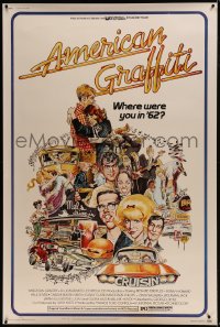 9k010 AMERICAN GRAFFITI 40x60 1973 George Lucas teen classic, wacky Mort Drucker artwork of cast!