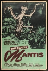 9k011 DEADLY MANTIS 40x60 1957 wonderful sci-fi art of giant insect attacked by giant army!