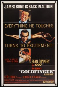 9k093 GOLDFINGER glossy finish 1sh 1964 three images of Sean Connery as James Bond & Shirley Eaton!