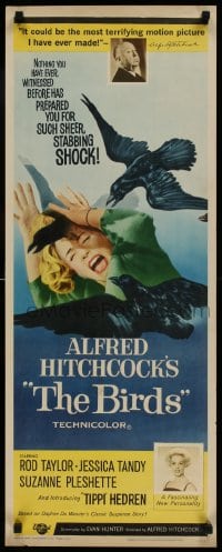 9k036 BIRDS insert 1963 Alfred Hitchcock shown, introducing Tippi Hedren, classic attack art!