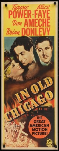 9k031 IN OLD CHICAGO insert R1943 art of Tyrone Power, beautiful Alice Faye & Don Ameche, rare!