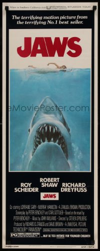 9k042 JAWS insert 1975 art of Steven Spielberg's classic man-eating shark attacking sexy swimmer!