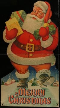9k016 MERRY CHRISTMAS die-cut 33x60 standee 1950s art of Santa carrying presents from the North Pole!
