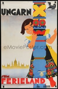 9k267 UNGARN SOM FERIELAND 24x37 Hungarian travel poster 1930s colorful Marianne Lechner art, rare!