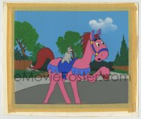 9m069 JOURNEY BACK TO OZ 10x11 animation cel + painted background 1973 Toto riding on pink horse!