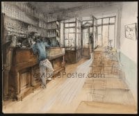 9m029 ALEXANDRE TRAUNER 15x18 watercolor/ink drawing 1941 cool bar scene sketch from Remorques!