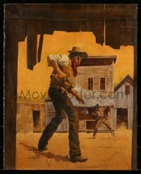 9m015 PULP MAGAZINE COVER PAINTING 16x20 original painting 1950s Robert Crofut art of gunfight!