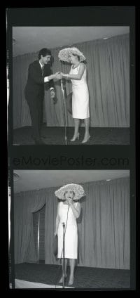 9m555 JOAN CRAWFORD group of 2 3x3 negatives 1968 in cool hat at Millinery Institute fashion show!