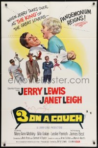 9p006 3 ON A COUCH 1sh 1966 great image of screwy Jerry Lewis squeezing sexy Janet Leigh!
