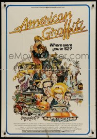 9p044 AMERICAN GRAFFITI 1sh 1973 George Lucas teen classic, Mort Drucker montage art of cast!