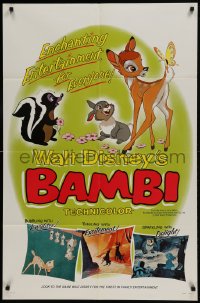 9p070 BAMBI style B 1sh R1966 Walt Disney cartoon deer classic, he's with Thumper, Flower & owl!