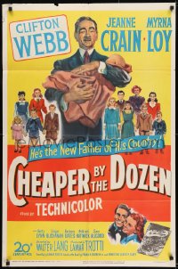9p178 CHEAPER BY THE DOZEN 1sh 1950 art of Clifton Webb holding baby w/kids in background!