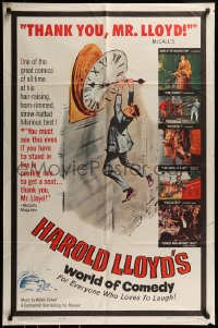 9p399 HAROLD LLOYD'S WORLD OF COMEDY 1sh 1962 classic image hanging from clock from Safety Last!