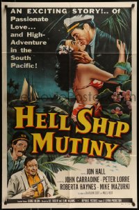 9p411 HELL SHIP MUTINY 1sh 1957 Jon Hall kisses tropical bikini babe, John Carradine, Peter Lorre
