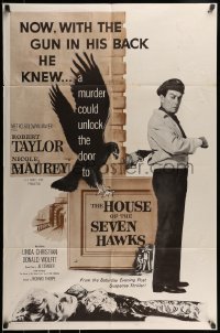 9p432 HOUSE OF THE SEVEN HAWKS 1sh 1959 treasure hunter Robert Taylor with gun in his back!